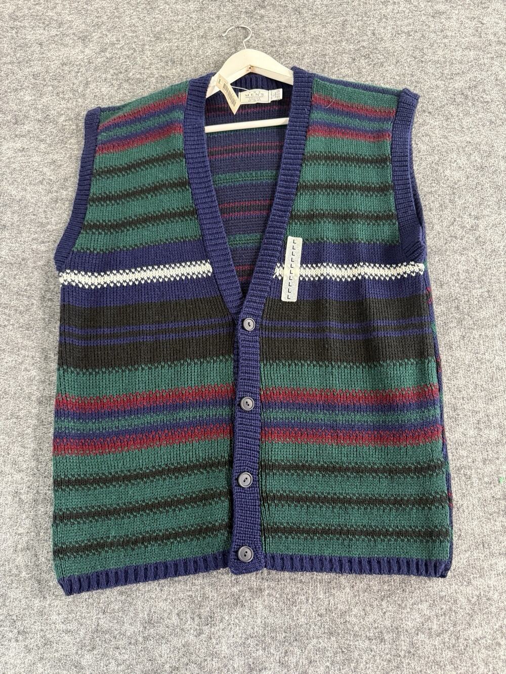 Vintage Sears Mens Store Sweater Large Vest Cardigan Pullover Striped Blue N315